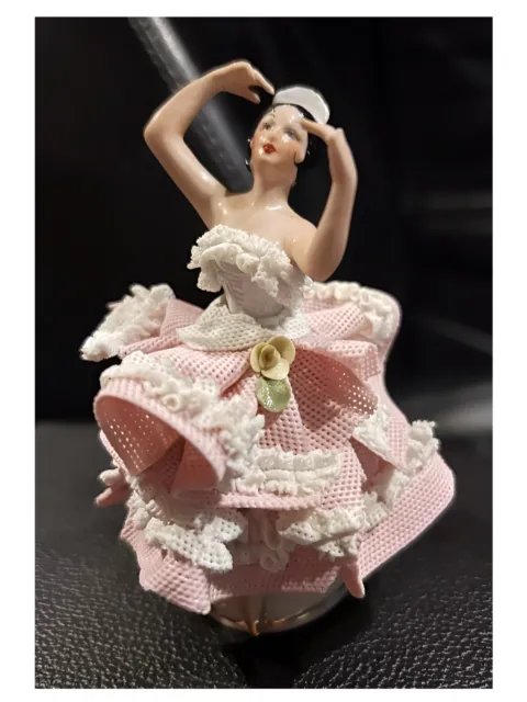 VINTAGE Dresden W. Germany Ballerina Dancing Lady Pink Layered Lace Porcelain