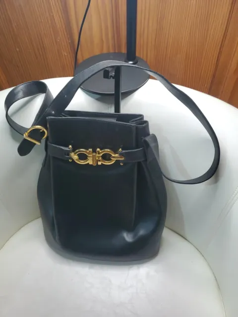 Vintage Preowned Salvatore Ferragamo Black Leather Bucket Bag. Medium Size