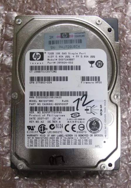 HP DG072A9BB7 2.5" SAS 10K 72GB, SFF Single Port Hot-Plug HDD,395924-002