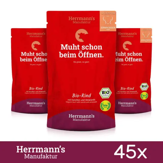 45 x Alimento para perros Herrmanns carne ecológica con zanahoria y amaranto alimento para mascotas 150 gr