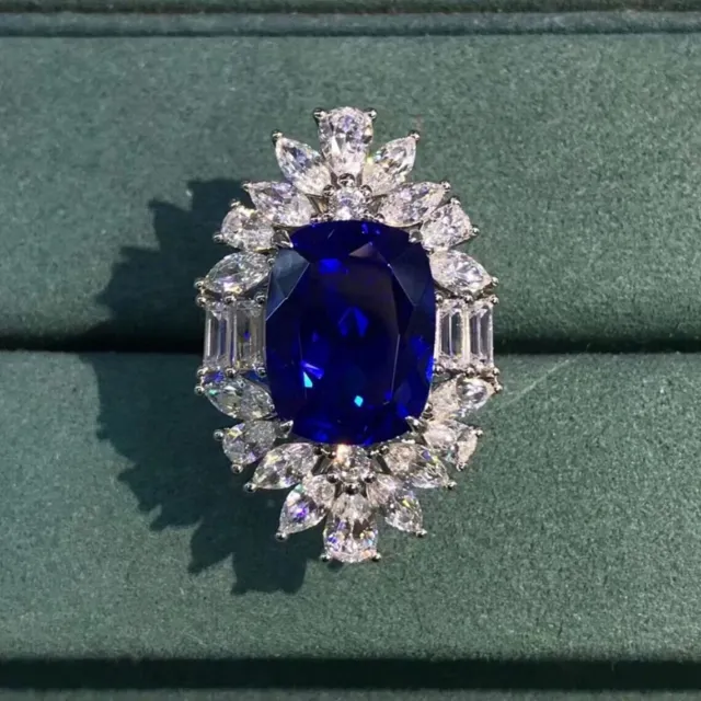 Features Blue 20.00CT Sapphire & Lab-Created White Diamonds Cluster Women Ring