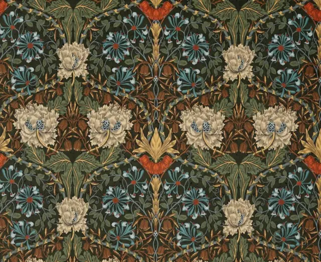 WILLIAM MORRIS CURTAIN FABRIC Honeysuckle & Tulip Velvet 1.4 MTR FOREST/CHESTNUT