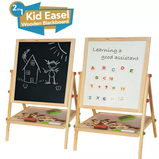 2 in 1 Kids Wooden Easel Blackboard Whiteboard Children Drawing Art Chalk Board