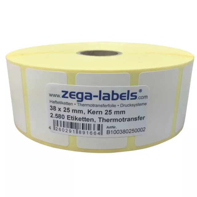 Thermotransfer Etiketten Rolle - 38 x 25 mm - 2.580 Stück Kern25 mm Zebra GK420T