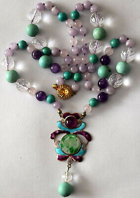 Chinese Silver, Jade, Amethyst, Turquoise and Crystal Enamel Necklace 27" Long