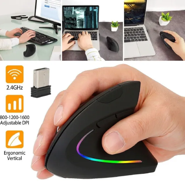 Vertical Wireless Mouse Ergonomic Optical 2.4G 1600 DPI USB Receiver PC Gaming