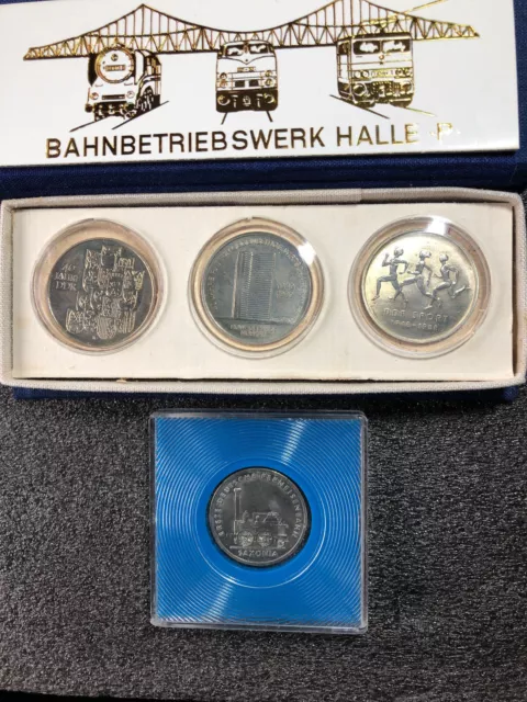 4 DDR Sondermünzen 1988/89, vom Bahnbetriebswerk Halle, 3 x 10 Mark - 1 x 5 Mark