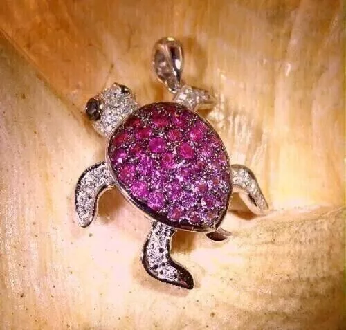 2.40 Ct Round Cut Simulated Pink Ruby Tortoise Charm Pendant 14K White Gold Over