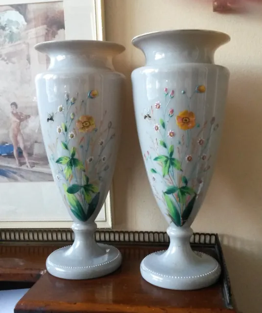 Pair Antique Victorian Bristol Grey Glass Urn Vases Hand Painted Hand Blown