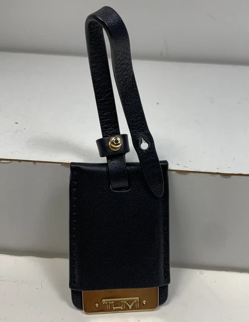 * TUMI ID Hang Tag Gold Metal Logo Black Leather Loop for Suitcase Bags      (K) 3