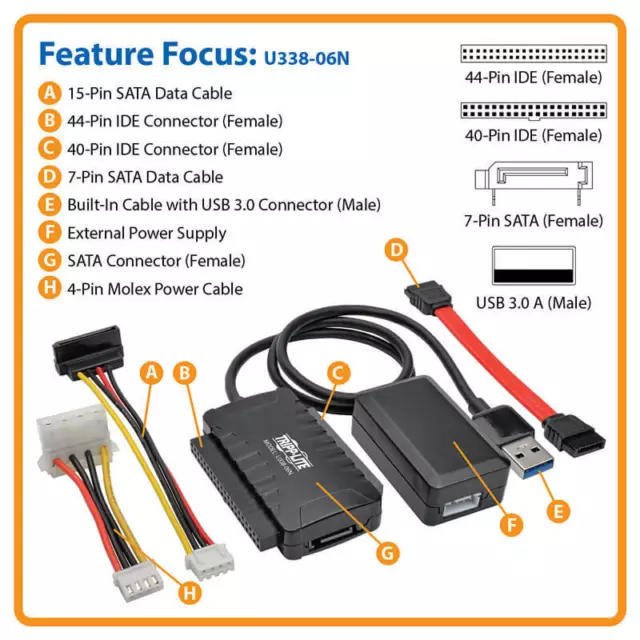 Tripp-Lite USB 3.0 to SATA/IDE Adapter Built-In USB Cable, 2.5/3.5/5.25" drives