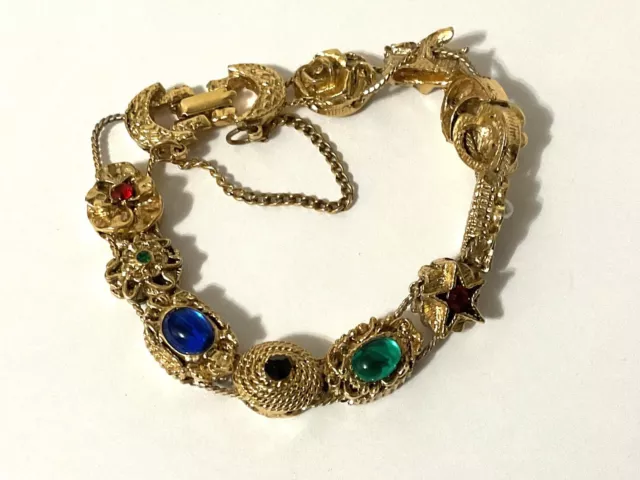 Vintage Gold Tone Slide Charm Bracelet Cameo, Stone, Pearl, Flower, Bee etc.