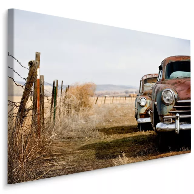 CANVAS Leinwand Bilder XXL Wandbilder Kunstdruck Auto Retro Alt Zaun Feld 542