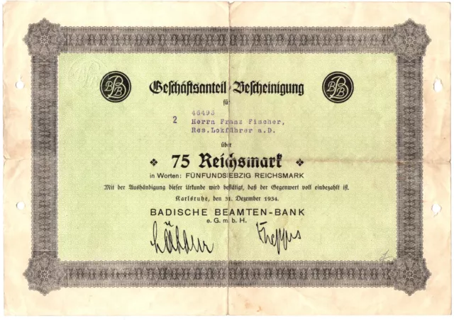 Badische Beamten-Bank Aktie / Geschäftsanteil-Bescheinigung, Karlsruhe 1934