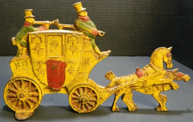 Antique Cast Iron London Royal Mail Horse Drawn Carriage Door Stop Very Good Con