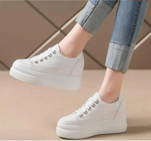 Womens White High Hidden Heel Creeper Platform Sneakers Lace Up Trainer Shoes