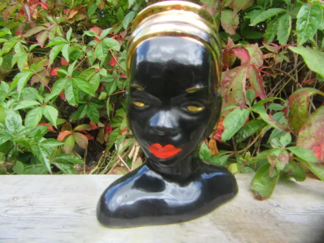 Vintage 1950S Joan Lea Black & Gold African Nubian Woman Head Bust Vase Planter