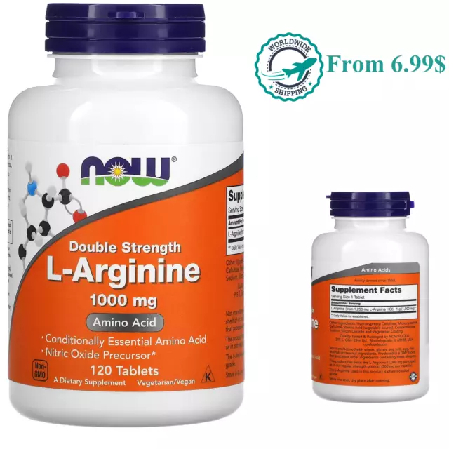 NOW Foods L-Arginine Double Strength 1000 mg Amino Acid 120 Tablets Kosher Vegan