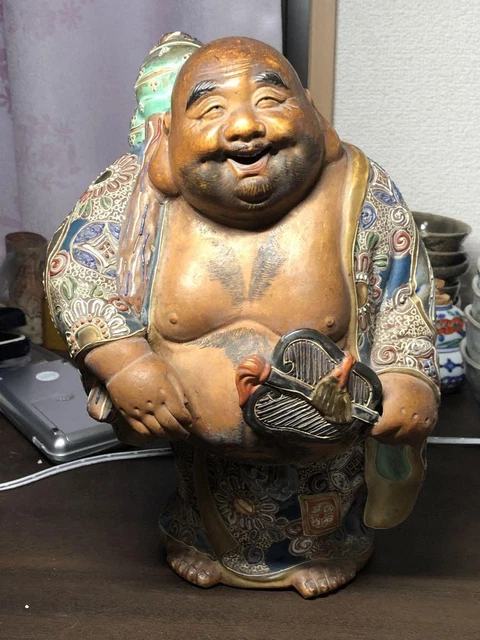 HOTEI BUDAI GOD KUTANI Pottery Statue 10 in MEIJI Japan Antique Figurine Figure