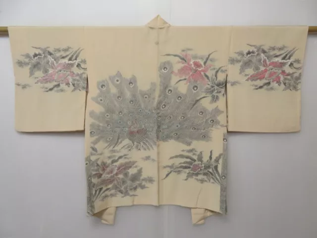 1501T08z570 Vintage Japanese Kimono Silk HAORI Light peach Phoenix