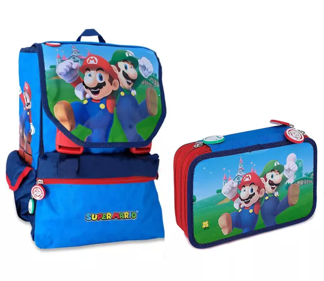 SET Supermario Zaino Estensibile + ASTUCCIO 3zip completo Super Mario e Luigi