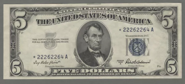 1953 A  $5 Silver Certificate  Fr.1656* ( Fancy Serial No# )