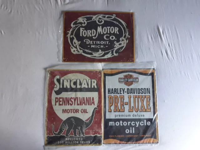 lot of 3 sign - ford motor co. detroit-sinclair motor oil - harley davison