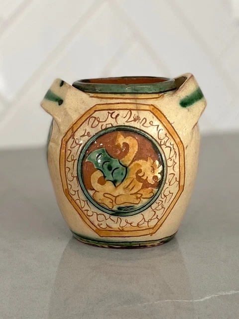 Antique Majolica Dragon Shield Art Pottery Made Italy Two Handle Pot Plume