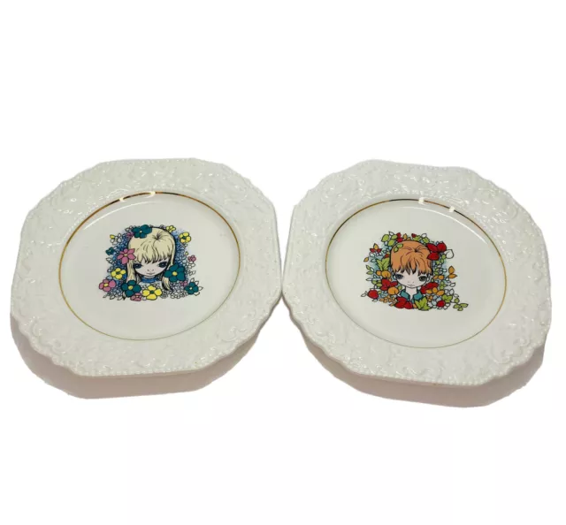 Lord Nelson Pottery Pixie Girl Big Eyed Flowers 7-72 England Set/2 Wall Plates