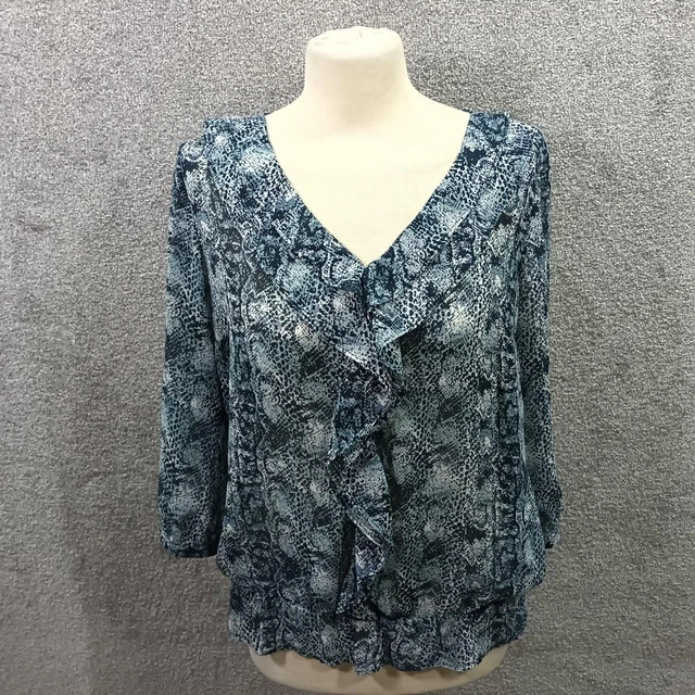 Next Blue Chiffon Snake Blouse Long Sleeve Top Frill V Neck Y2K Uk 12