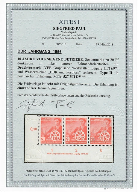 DDR MiNr. 527 YII DV, postfrisch, **, Eckrand E3, Type II mit BPP Attest