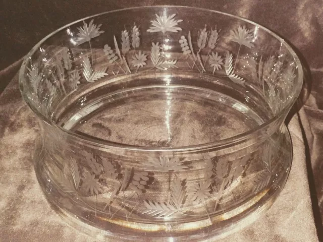 Vintage Large European Glass Bowl Etched with Floral, Wheat & Grapes.
