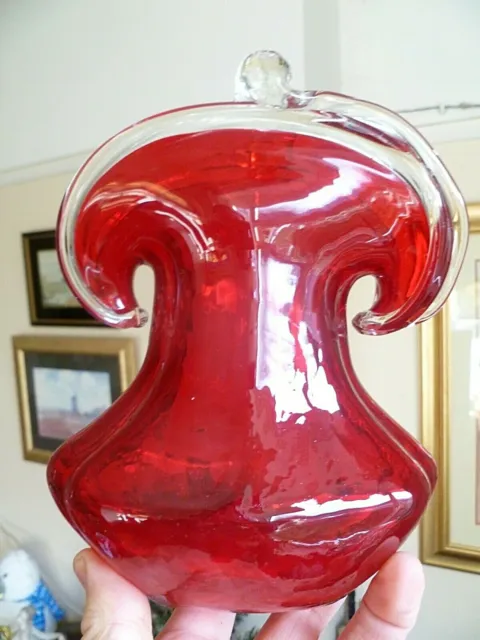 LARGE VINTAGE MURANO GLASS PURSE / HANDBAG VASE Cranberry RED WITH CLEAR CASING