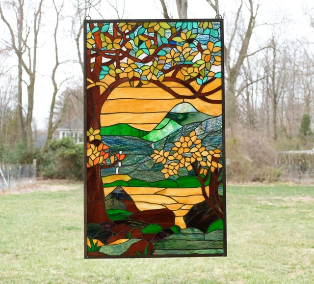 Tiffany Style stained glass window panel Dawn in Valley. 20.5" x 34.5"