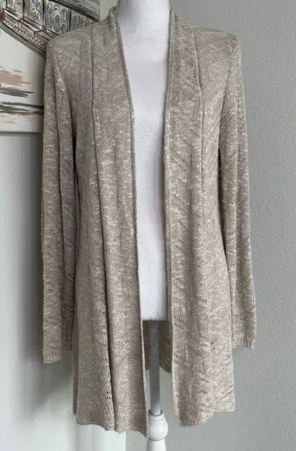 EILEEN FISHER Beige Linen Blend Open Front Duster Cardigan Sweater Large Petite