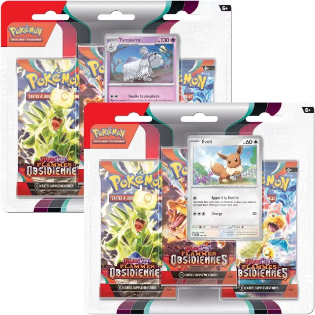 2 tripacks Pokémon Flammes Obsidiennes EV3 Evoli + Tomberro (Neufs FR)
