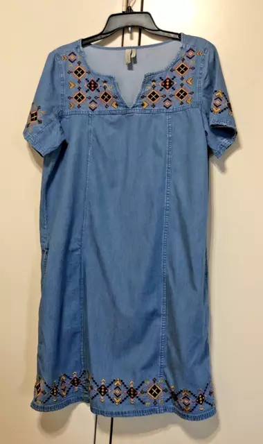 Sahalie Denim Chambray Boho Dress Womens Size Large Embroidered Pockets Loose