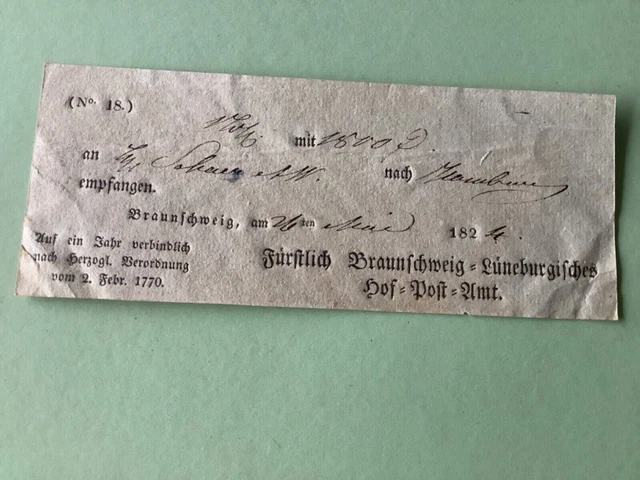 Braunschweig 1824 Prephilately postal note receipt Ref A1486