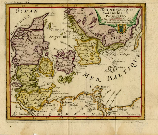 Antique Map-Denmark and Sweden with provinces-Sjaelland-Gotaland-De Fer-1721