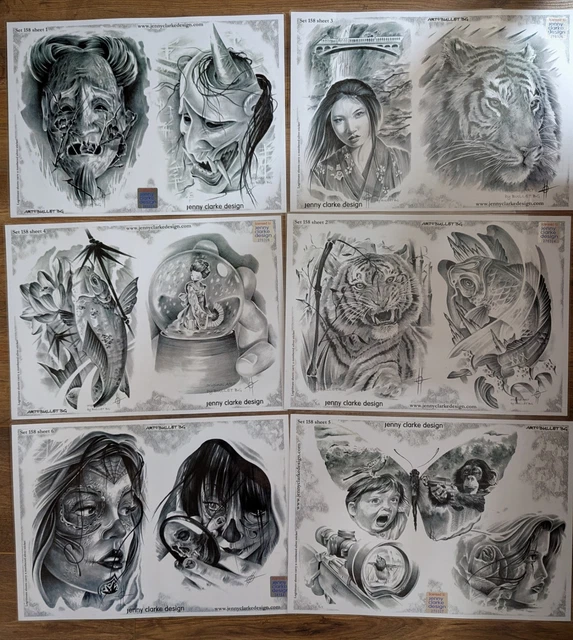 6X LAMINATED JENNY Clarke Tattoo Flash Designs Black & Grey Tiger