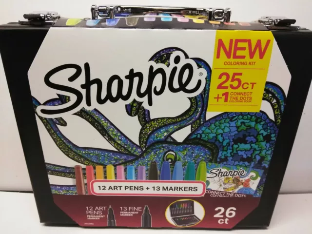 New Sharpie Coloring Kit Case W/ Handle 13 Fine Point Markers & 12 Fine Pens