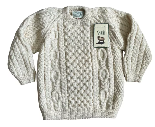 Carraig Donn Irish Wool Fisherman Cream Sweater Kids Sz L Aran Youth Cable Knit