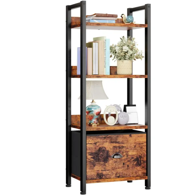 Furologee 4 Tier Bookshelf with Drawer Tall Bookcase with Shelves Narrow Book...