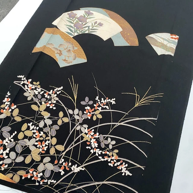 Wabisabi #A 14x64 LONG Hand Painted Vintage Tomesode Black Kimono Silk ToD97