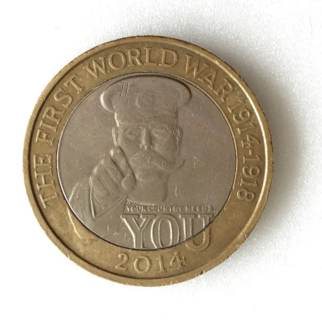 Commemorative UK £2 coin, 2014. Start of WW1. YOUR COUNTRY NEEDS YOU. Circulated