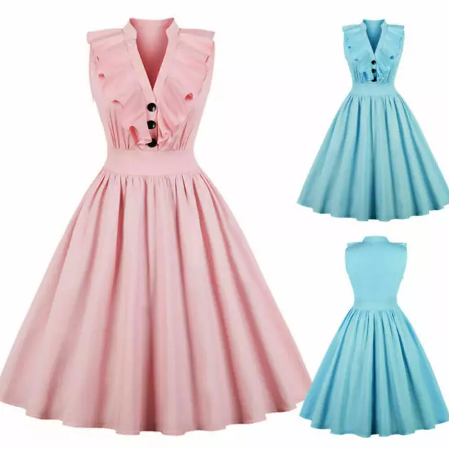 Womens Button Vintage 50s 60s Style Rockabilly Evening Prom Dress Plus Size