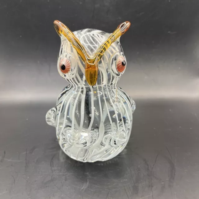 Art Glass Horned Owl Figurine Paperweight Heavy Clear With White Stripes 5"
