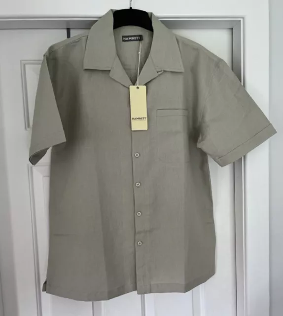 Mens HAMNETT Sage (Pale Khaki) Short Sleeve Linen/Cotton Shirt  Size L BNWT