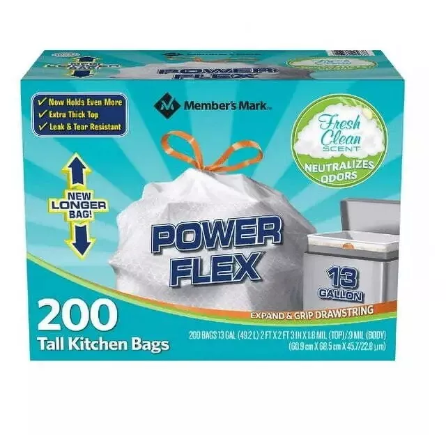 Trash Bags 13 Gallon 200 Ct Flex Tall Kitchen Drawstring Plastic Flap Tie