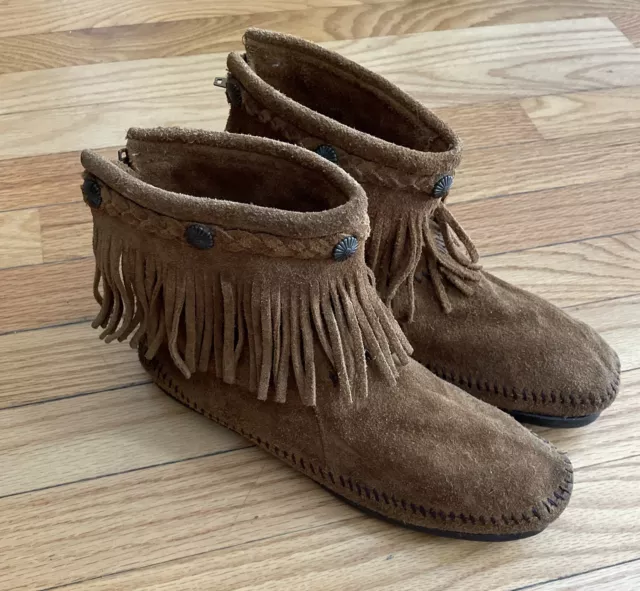 MINNETONKA WOMENS SIZE 8 Brown Suede Fringe Back Zip Ankle Boots ...